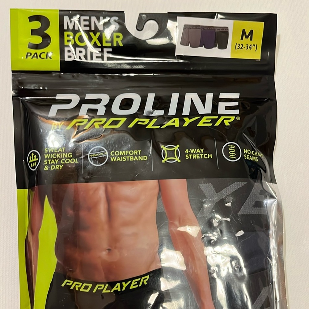 Men’s boxer briefs. New in package. 3-pack. Size medium 32-34. Proline